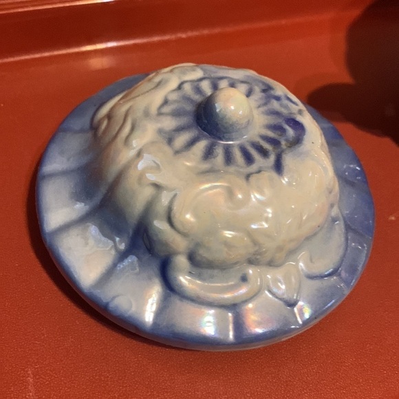 Vintage Blue & White Floral Iridescent Carnival Glass Footed Candy Dish With Lid - Picture 3 of 7